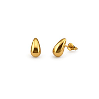 Goldene Tropfen Ohrstecker, gl&auml;nzende Damen Ohrringe im minimalistischen Design auf wei&szlig;em Hintergrund