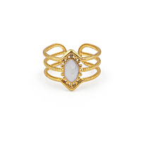 Goldener Damenring mit ovalem wei&szlig;en Stein und ornamentalem Design &ndash; eleganter Statement Ring