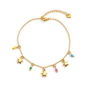 Goldenes Fußkettchen mit Stern-Anhängern und bunten Akzenten, filigrane Damen Fußkette