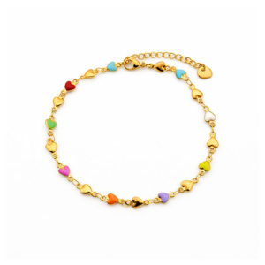 Filigranes goldenes Fußkettchen mit kleinen bunten Herz-Anhängern, zarter Damen Fußschmuck