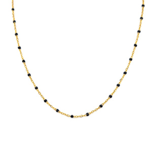 Edelstahl Halskette mit schwarzen Perlen und goldenen Elementen, filigrane Damenkette