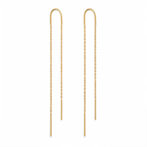 Lange goldfarbene Durchzieher Ohrringe mit feiner Kette und U-Form Bügel, minimalistisch