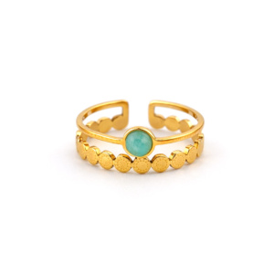 Goldener verstellbarer Damenring mit grünem Cabochon-Stein und Münzdesign