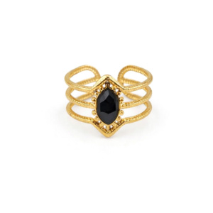 Goldener Edelstahl Ring mit schwarzem ovalem Stein und offenem, mehrreihigem Design – Statement Ring